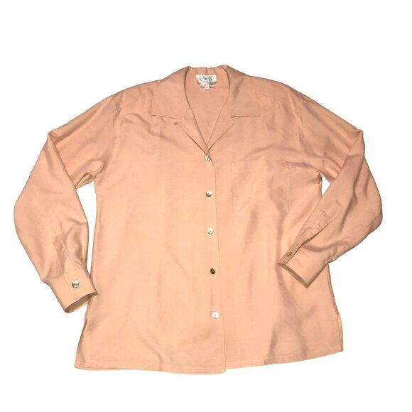 Vintage 100% Silk Blouse Tops - VTG PEACH 100% SILK BLOUSE SZ S CASUAL CORNER LONG SLEEVE PAD SHOULDER WOMEN